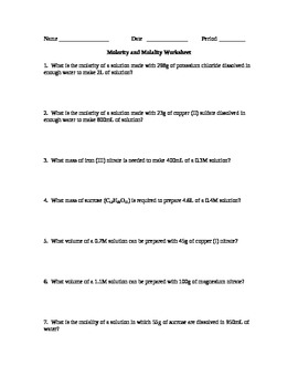 Preview of Molarity and Molality Practice Worksheet