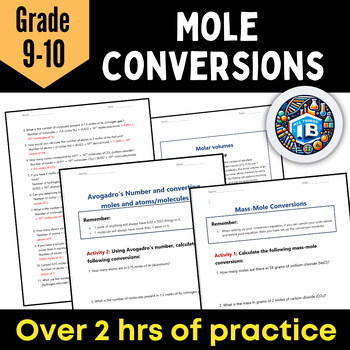 Preview of Mole Conversion Worksheets, Mass, Mole, Avogadro's Number, Molar Volume