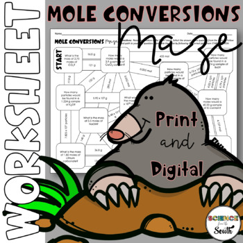 Preview of Moles Calculations and Conversions Maze Worksheet Activity in Digital and Print