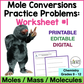 Preview of Mole Conversions Worksheet 1 - Mass Moles Molecules