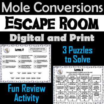 Preview of Mole Conversions Activity (moles, mass, molecules) Chemistry Escape Room Science