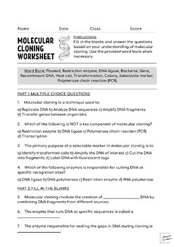 Molecular Cloning Worksheet by Classroom Excellence | TPT