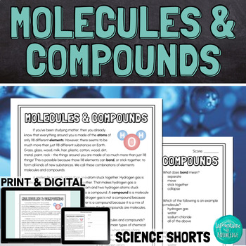 Preview of Molecules and Compounds Reading Comprehension Passage PRINT and DIGITAL