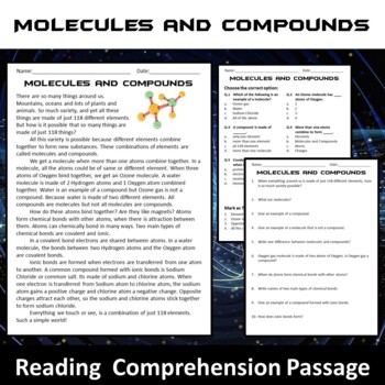 Preview of Molecules and Compounds Reading Comprehension Passage and Questions - PDF