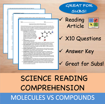 Preview of Molecules vs Compounds - Reading Passage and x 10 Questions (EDITABLE)