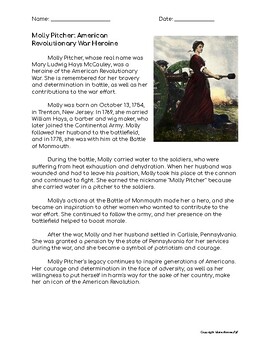 Preview of Molly Pitcher Biography Worksheet - Grade 5, HSS-5.6.3 & Common Core Aligned
