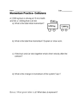Preview of Momentum/Collision Practice & Answer Sheet