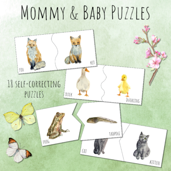 Preview of Mommy Baby Animal Match SPRING Self-Correcting Montessori Puzzles, Printable