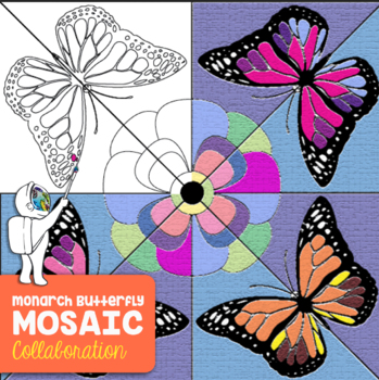 Preview of Monarch Butterfly Collaborative Coloring Sheets Mosaic - Spring Art Lesson