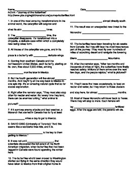 Preview of Monarch Butterfy Migration (NOVA) Worksheet