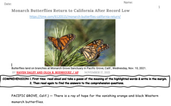 Preview of Monarch Populations-Integrated Reading Comprehension, Vocabulary & Graphing