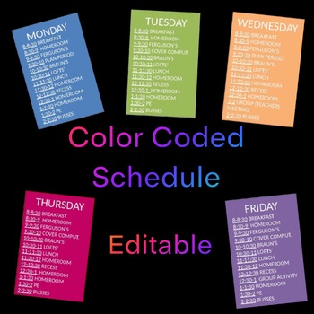 Preview of Monday-Friday color coded schedule! *EDITABLE*