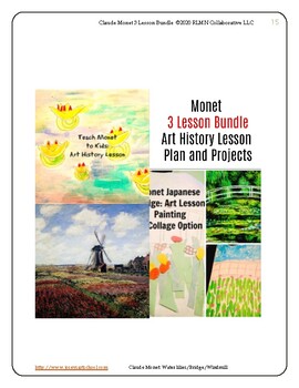 Preview of Claude Monet Art Lesson Bundle Water Lilies Bridge Windmill PreK-4th Common Core