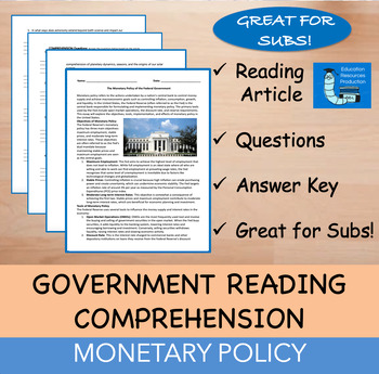 Preview of Monetary Policy of Federal Government Reading Comprehension Passage & Questions