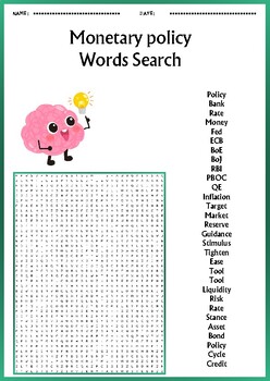 Preview of Monetary policy words search puzzles worksheets activity