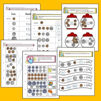 identifying coins counting money worksheets bundle dollar bill printable etc