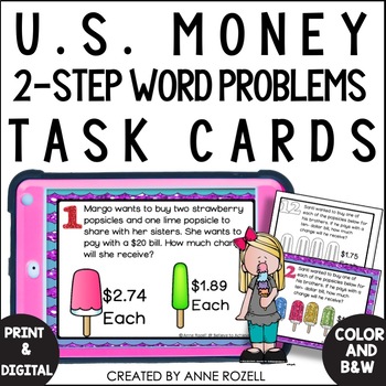 Preview of Two Step Money Word Problem Task Cards