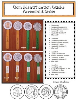 Preview of Money Activities Coin Identification Craft Sticks Practice and Assessment Game