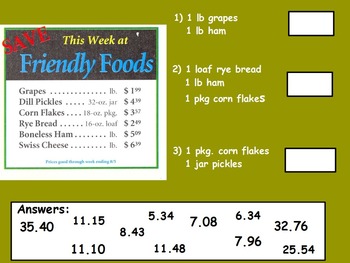 Preview of Buying Food - Adding Sales; Real World Math (SMART BOARD)