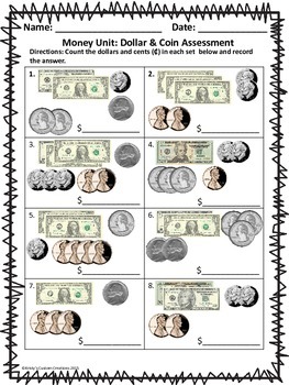 Money Assessment: Dollars & Coins, Adding & Subtracting Coins, Word Problem