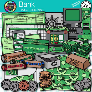Preview of Money Banking Clipart: Bills, Rolled Coins, Debit Card, Checkbook Clip Art PNG