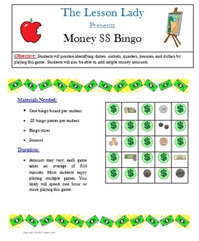 Preview of Money Bingo Game - Dollars and Coins