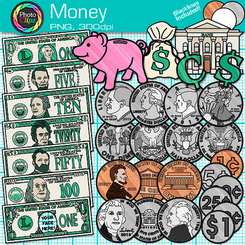 Preview of Money Clipart Images: Dollar Bill, Coins, & Piggy Bank Clip Art Transparent PNG
