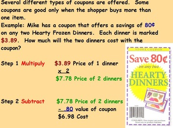 Preview of Buying Food  - Discounts with Multiple Coupons (worksheet inc); (SMART BOARD)