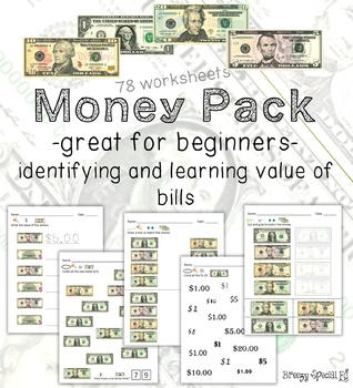 Preview of Money Math (Dollar Bills) Identification and Value Worksheets for Special Ed