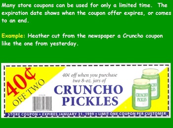 Preview of Buying Food - Expiring Coupons (worksheet inc); Real World Math (SMART BOARD