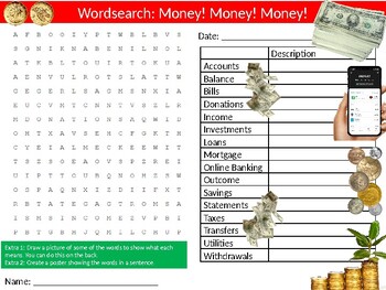 Preview of Money Finance Terms Wordsearch Sheet Starter Activity Keywords Cover Business