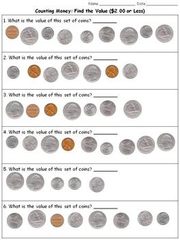 money find the value 200 or less counting coins practice sheets