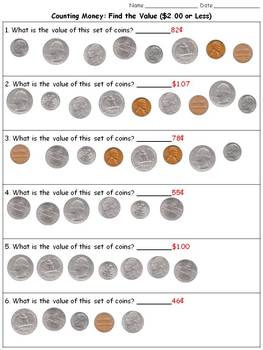 Money: Find the Value ($2.00 or Less) - Counting Coins Practice Sheets