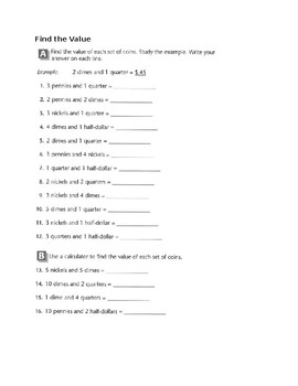 Preview of Money - Find the Value of Money - Worksheet