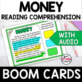 Preview of Money Finding Citing Text Evidence Reading Boom Cards Task Cards with Audio