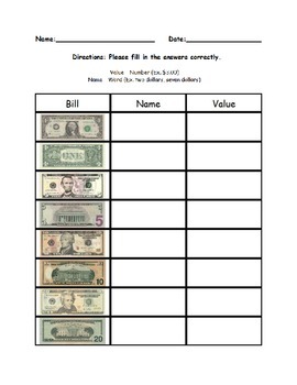 money identification worksheets by special education