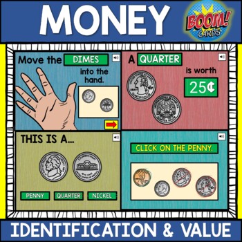 Preview of Money Identifying Coins and Value BOOM CARDS First and Second Grade Math