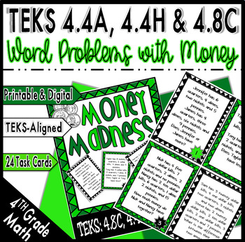 Preview of 4th Grade Money & Decimals Word Problem Task Card Game TEKS:4.8C, 4.4A, 4.4H /