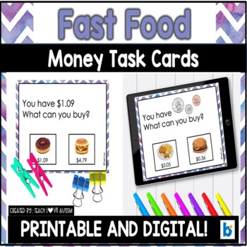 Preview of Counting Money Task Card Activities: Fast Food