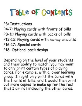 Money Math (Bills) Identification Card Game for special education