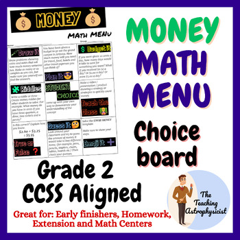 Preview of Money Math Menu Grade 2 | Enrichment | Choice menu | Printable Offline