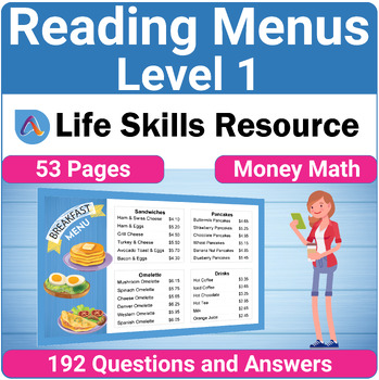 Preview of Menu Math Special Education Life Skills Money Math Worksheet Level 1