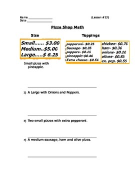 Preview of Buying Food - Pizza Shop Menu; Real World Math