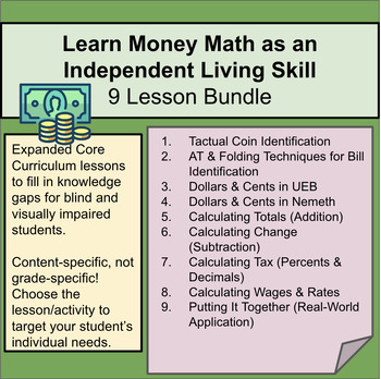 Preview of Money Math Unit (ECC - ILS) for Visually Impaired, Blind Students, all 9 lessons
