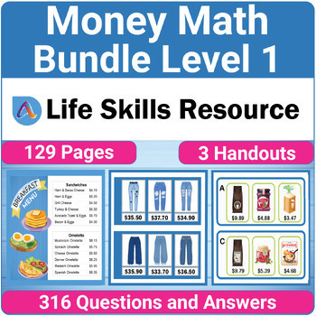 Preview of Menu Math, Clothes and Grocery Shopping Money Math Level 1 Life Skills Bundle