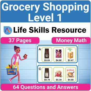 Preview of Grocery Shopping Life Skills SPED Money Math Word Problems Worksheets Level 1