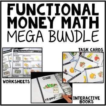Preview of Life Skills Money Math MEGA BUNDLE of Worksheets, Task Cards and Adapted Books