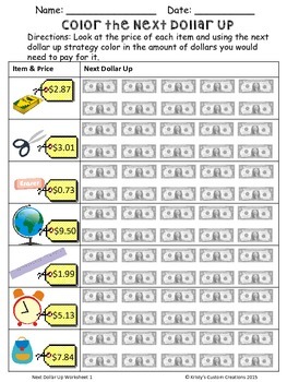 money next dollar up worksheets by kristys custom creations tpt