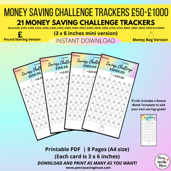 Preview of Money Saving Challenge, Budget Binder Inserts, Save 50-1000, Money Bag Version