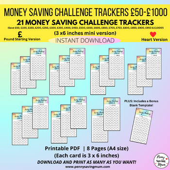 Preview of Money Saving Challenge, Budgeting Trackers 50-1000 Pounds, Budget Binder Hearts